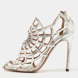 Pre Owned Roberto Cavalli Silver Cutout Leather Spider Web Cage Booties Size 38.5