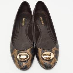 Pre Owned Roberto Cavalli Brown Leather and Canvas Animal Print Ballet Flats Size 41