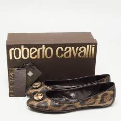 Pre Owned Roberto Cavalli Brown Leather and Canvas Animal Print Ballet Flats Size 41