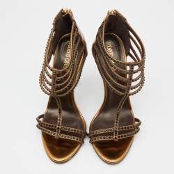 Pre Owned Roberto Cavalli Gold Leather Ankle Strap Sandals Size Size 37