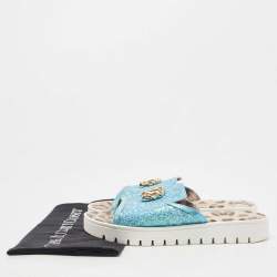 Pre Owned Roberto Cavalli Blue Glitters Logo Flat Slides Size 38