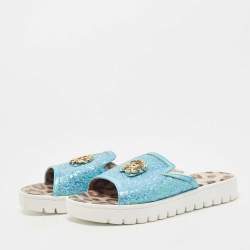 Pre Owned Roberto Cavalli Blue Glitters Logo Flat Slides Size 38