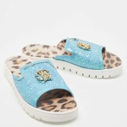 Pre Owned Roberto Cavalli Blue Glitters Logo Flat Slides Size 38