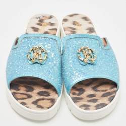 Pre Owned Roberto Cavalli Blue Glitters Logo Flat Slides Size 38