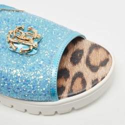 Pre Owned Roberto Cavalli Blue Glitters Logo Flat Slides Size 38