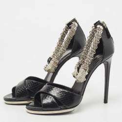 Pre Owned Roberto Cavalli Black Snakeskin Crystal Embellished Panther Sandals Size 39