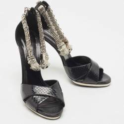 Pre Owned Roberto Cavalli Black Snakeskin Crystal Embellished Panther Sandals Size 39