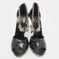 Pre Owned Roberto Cavalli Black Snakeskin Crystal Embellished Panther Sandals Size 39