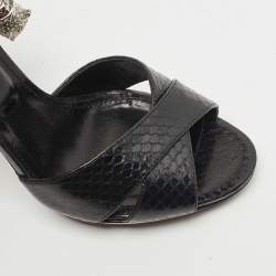Pre Owned Roberto Cavalli Black Snakeskin Crystal Embellished Panther Sandals Size 39