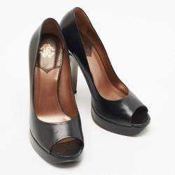 Pre Owned Roberto Cavalli Black Leather Peep Toe Platform Pumps Size 37