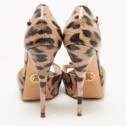 Roberto Cavalli Brown/Beige Leopard Print Leather Crystal Embellished T-Bar Ankle Strap Sandals Size 40