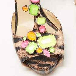Roberto Cavalli Brown/Beige Leopard Print Leather Crystal Embellished T-Bar Ankle Strap Sandals Size 40