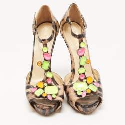 Roberto Cavalli Brown/Beige Leopard Print Leather Crystal Embellished T-Bar Ankle Strap Sandals Size 40