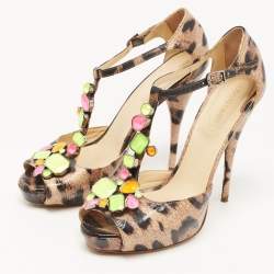 Roberto Cavalli Brown/Beige Leopard Print Leather Crystal Embellished T-Bar Ankle Strap Sandals Size 40