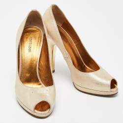 Roberto Cavalli Metallic Gold Leather Peep Toe Pumps Size 37