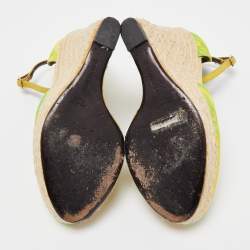 Pre Owned Roberto Cavalli Green/Yellow Printed Canvas Espadrille Wedge Ankle Strap Pumps Size 36.5
