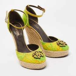 Pre Owned Roberto Cavalli Green/Yellow Printed Canvas Espadrille Wedge Ankle Strap Pumps Size 36.5