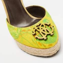 Pre Owned Roberto Cavalli Green/Yellow Printed Canvas Espadrille Wedge Ankle Strap Pumps Size 36.5