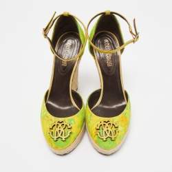 Pre Owned Roberto Cavalli Green/Yellow Printed Canvas Espadrille Wedge Ankle Strap Pumps Size 36.5