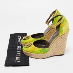 Pre Owned Roberto Cavalli Green/Yellow Printed Canvas Espadrille Wedge Ankle Strap Pumps Size 36.5