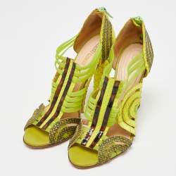 Roberto Cavalli Green Watersnake Leather and Jelly Cage Open Toe Sandals Size 38.5
