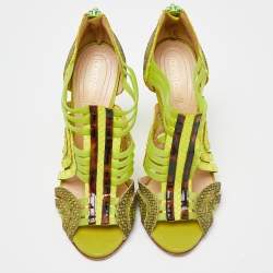 Roberto Cavalli Green Watersnake Leather and Jelly Cage Open Toe Sandals Size 38.5
