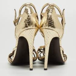 مملوكة مسبقًا Roberto Cavalli Gold Embossed Python Crystal Embellished Spider T-Bar Ankle Strap Sandals Size 38