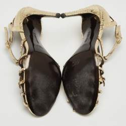 مملوكة مسبقًا Roberto Cavalli Gold Embossed Python Crystal Embellished Spider T-Bar Ankle Strap Sandals Size 38