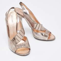 Roberto Cavalli Metallic Grey Leather Slingback Sandals Size 39