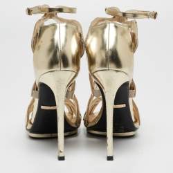 Pre Owned Roberto Cavalli Metallic Python Embossed Leather Ankle Strap Sandals Size 38