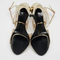 Pre Owned Roberto Cavalli Metallic Python Embossed Leather Ankle Strap Sandals Size 38