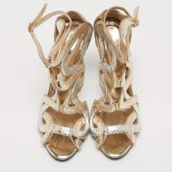 Pre Owned Roberto Cavalli Metallic Python Embossed Leather Ankle Strap Sandals Size 38