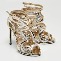 Pre Owned Roberto Cavalli Metallic Python Embossed Leather Ankle Strap Sandals Size 38