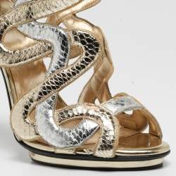 Pre Owned Roberto Cavalli Metallic Python Embossed Leather Ankle Strap Sandals Size 38