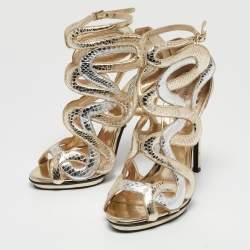 Pre Owned Roberto Cavalli Metallic Python Embossed Leather Ankle Strap Sandals Size 38