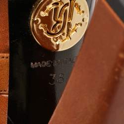 Pre Owned Roberto Cavalli Beige/Brown Raffia and Leather Double Strap Peep Toe Booties Size 38