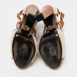 Pre Owned Roberto Cavalli Beige/Brown Raffia and Leather Double Strap Peep Toe Booties Size 38