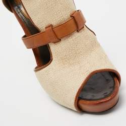 Pre Owned Roberto Cavalli Beige/Brown Raffia and Leather Double Strap Peep Toe Booties Size 38