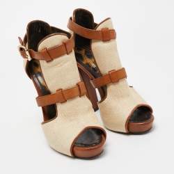 Pre Owned Roberto Cavalli Beige/Brown Raffia and Leather Double Strap Peep Toe Booties Size 38