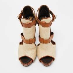 Pre Owned Roberto Cavalli Beige/Brown Raffia and Leather Double Strap Peep Toe Booties Size 38