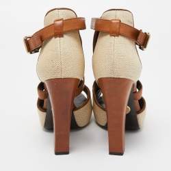 Pre Owned Roberto Cavalli Beige/Brown Raffia and Leather Double Strap Peep Toe Booties Size 38
