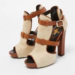 Pre Owned Roberto Cavalli Beige/Brown Raffia and Leather Double Strap Peep Toe Booties Size 38