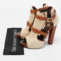 Pre Owned Roberto Cavalli Beige/Brown Raffia and Leather Double Strap Peep Toe Booties Size 38