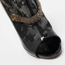 Pre Owned Roberto Cavalli Black Patent Leather And Mesh Beaded Snake Ankle Booties Size 38.5