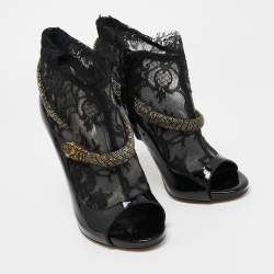Pre Owned Roberto Cavalli Black Patent Leather And Mesh Beaded Snake Ankle Booties Size 38.5