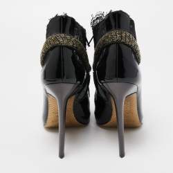 Pre Owned Roberto Cavalli Black Patent Leather And Mesh Beaded Snake Ankle Booties Size 38.5
