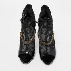 Pre Owned Roberto Cavalli Black Patent Leather And Mesh Beaded Snake Ankle Booties Size 38.5
