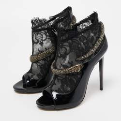 Pre Owned Roberto Cavalli Black Patent Leather And Mesh Beaded Snake Ankle Booties Size 38.5