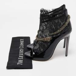 Pre Owned Roberto Cavalli Black Patent Leather And Mesh Beaded Snake Ankle Booties Size 38.5