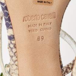 Roberto Cavalli Cream/Blue Python Embossed Leather Embellished Slingback Sandals Size 39